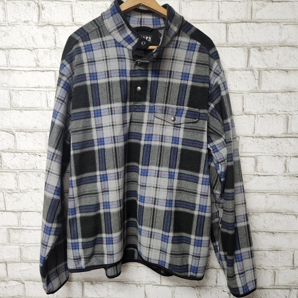 Chaps Men's Plaid Fleece Pullover Size XL Blue Gray Black Quarter Snap